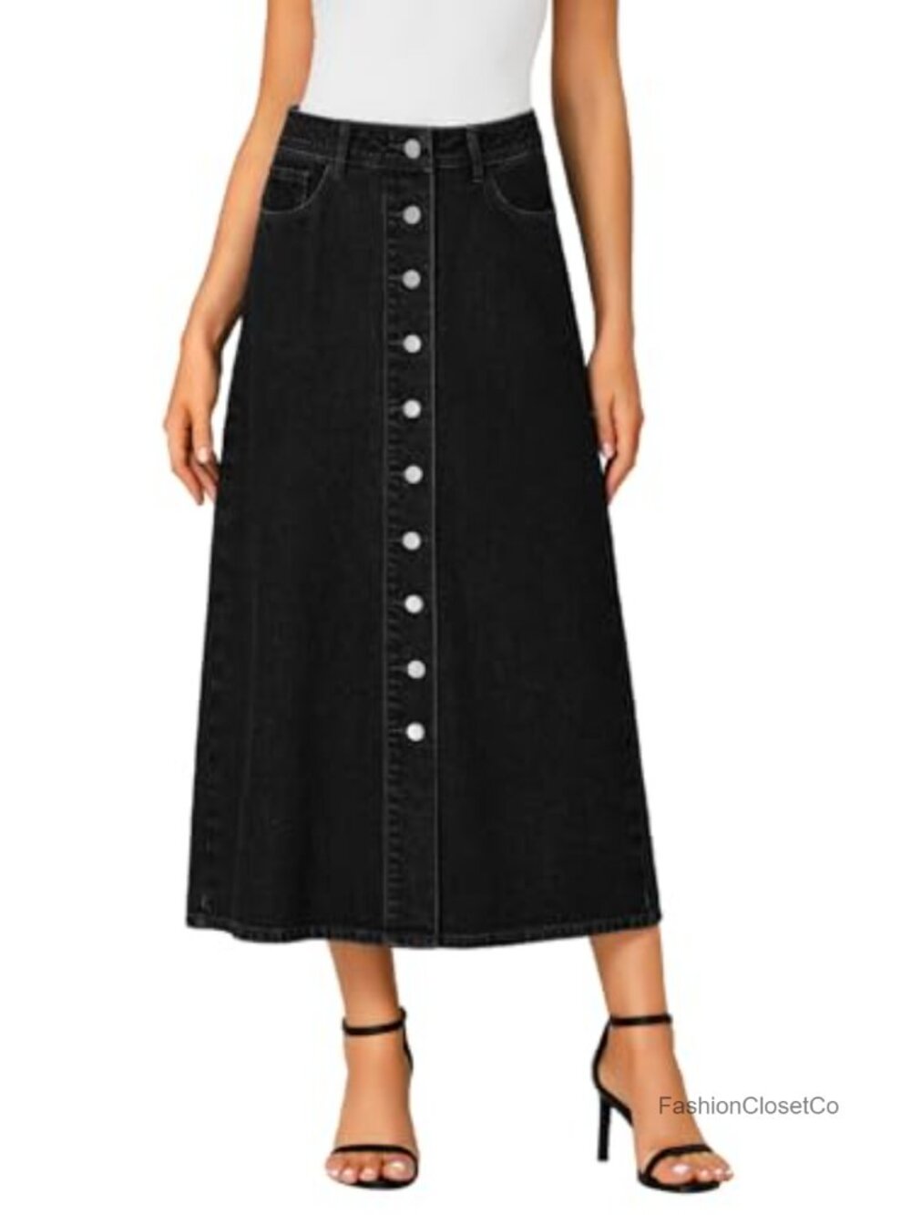 High Waisted Long Denim A-Line Skirt Button Down Ankle Length